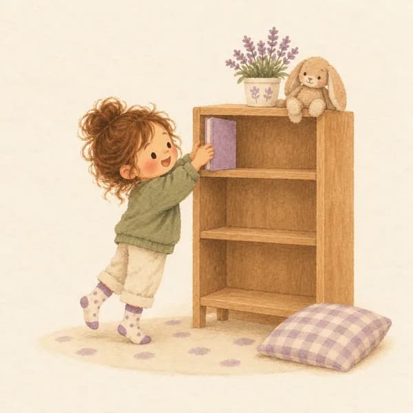 빈 책장에 첫 그림책을 꽂는 아이 그림