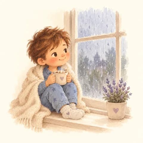 비 오는 창가에서 코코아를 든 남자아이 그림