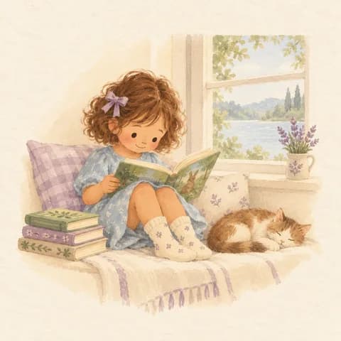 창가에서 책을 읽는 여자아이 그림