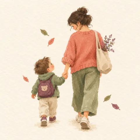 엄마와 아들이 손을 잡고 걷는 그림