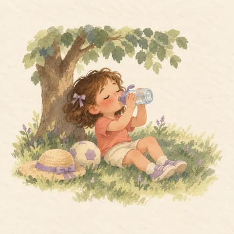 그늘에서 물을 마시는 여자아이 그림