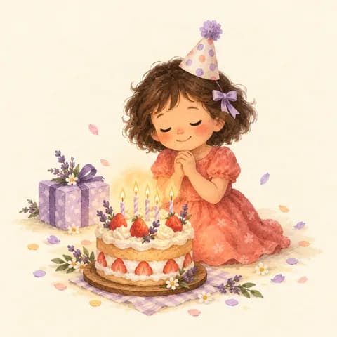 생일 케이크 앞에서 소원을 비는 여자아이 그림