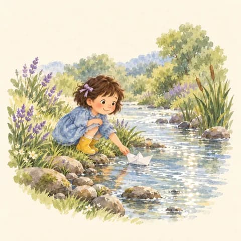 강물에 종이배를 띄우는 여자아이 그림