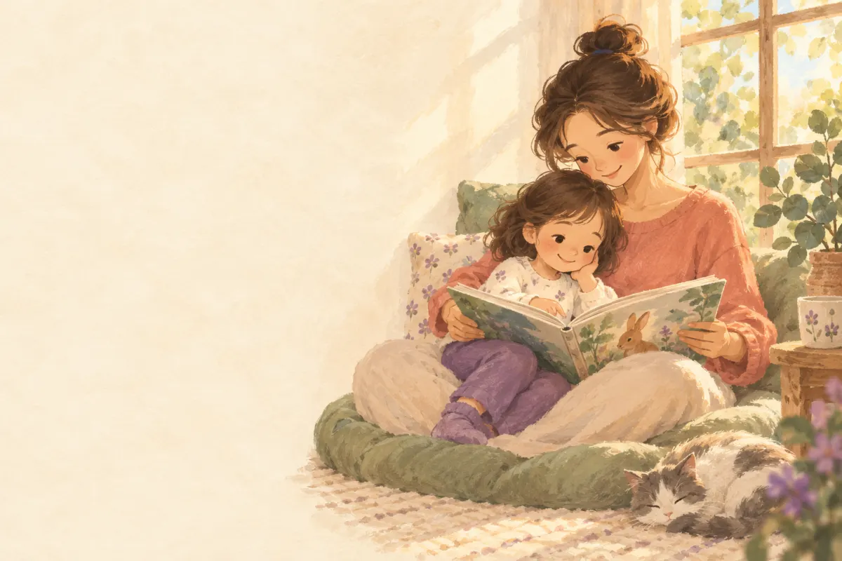 엄마와 아이가 창가에서 함께 책을 읽는 그림