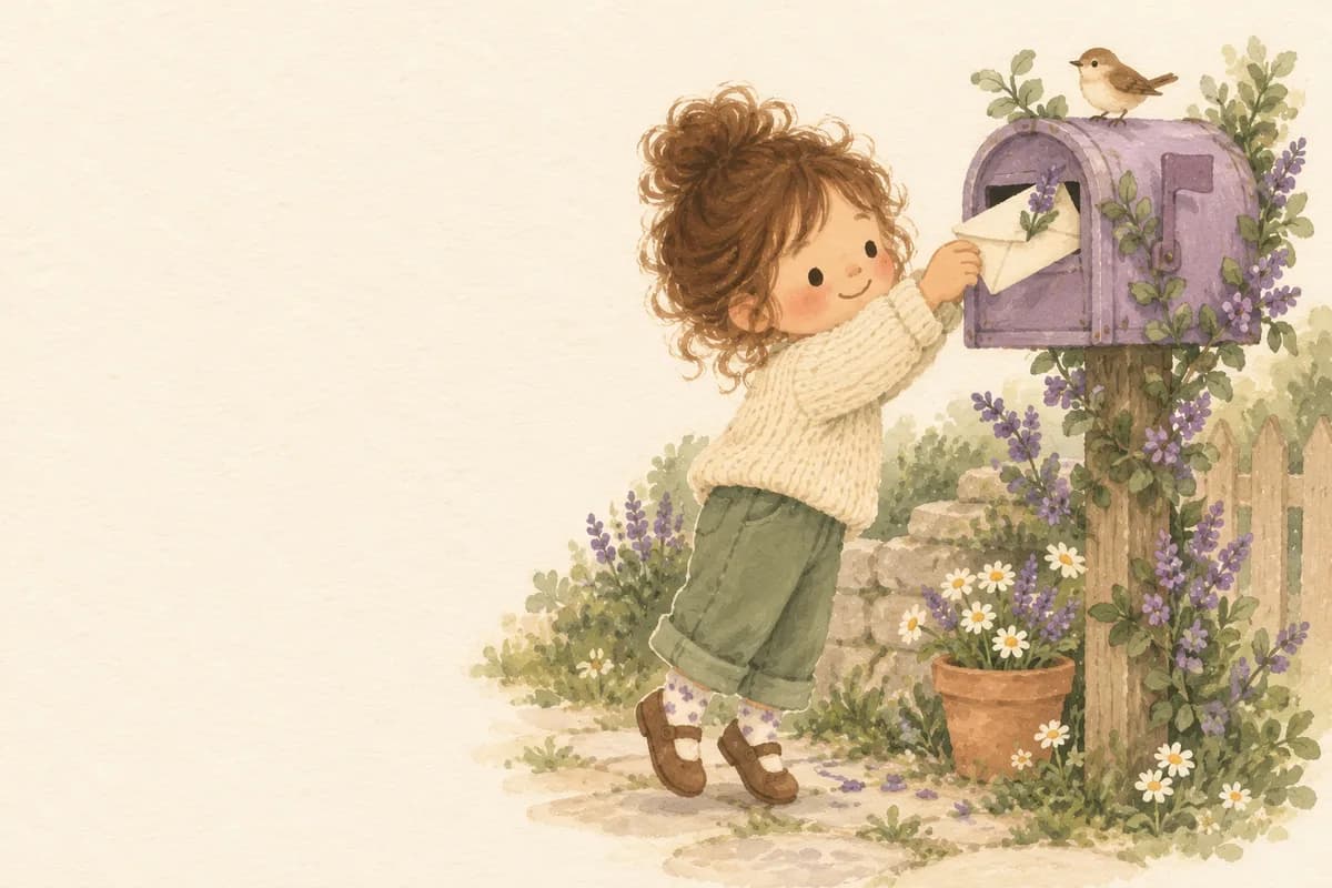 연보라 우체통에 편지를 넣는 아이 그림
