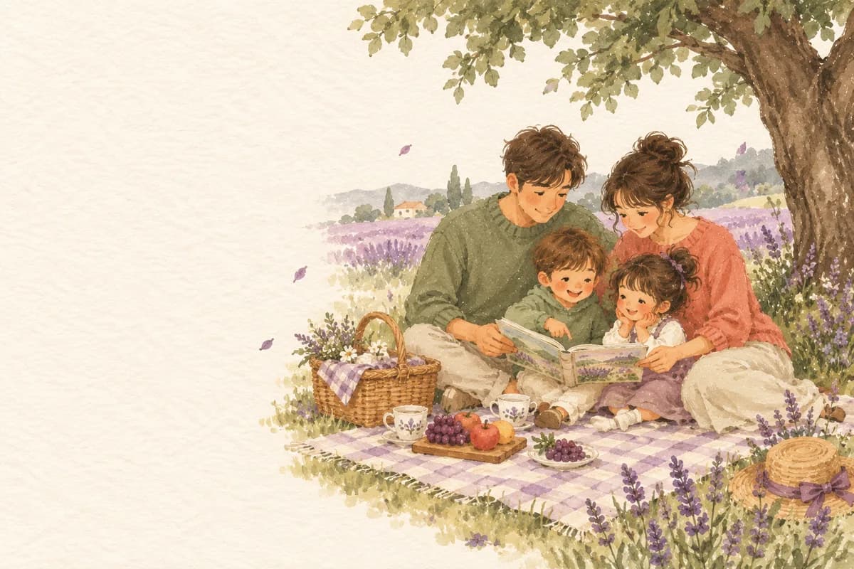 라벤더 들판 나무 아래에서 가족이 함께 그림책을 보는 그림