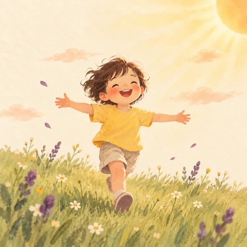 해를 등지고 들판을 달리는 여자아이 그림